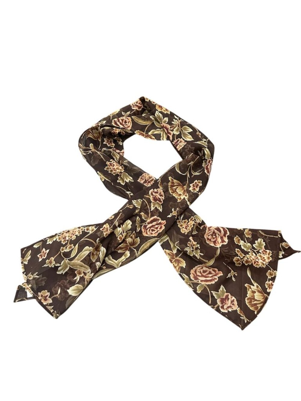 Katy D. Vintage Floral Sheer Scarf Brown Pink Rose Pattern Boho Retro